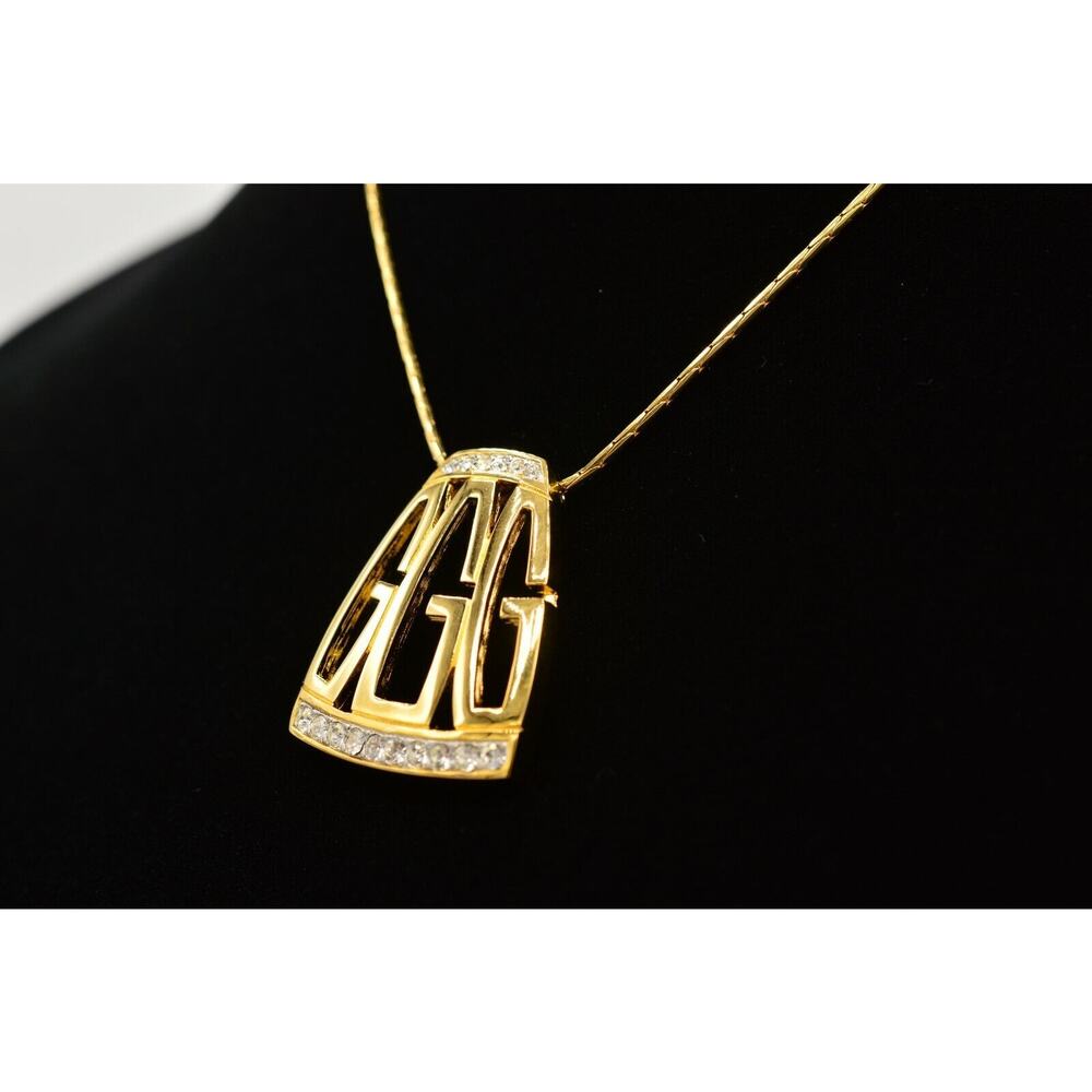 Givenchy Vintage Logo Pendant Necklace G Crystal Gold Signed NOS 80s 1980s Bin8 - Picture 11 of 12